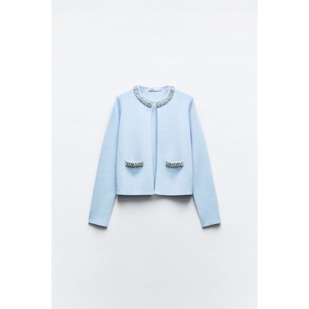 Blue Zara Jewel Rhinestone Embellished Long Sleeve Knit Cardigan Sweater (NWT)